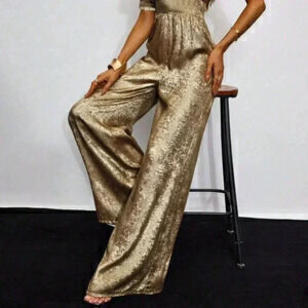 Gold Casual Women's Metallic Deep V-Neck Short Sleeve High Waist Jumpsuit - Picture 3 of 3
